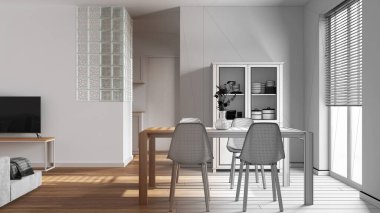 Mimar iç mimar konsepti: elle çizilmiş tamamlanmamış proje gerçek, İskandinav yemek odası ve oturma odası haline geliyor. Cam blok duvar. Japon stili.