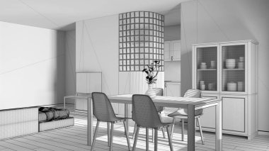 Tamamlanmamış proje taslağı, japandi ahşap yemek masası sandalyeli oturma odası, mutfağın üzerinde cam duvar. Dolaplar ve kanepe. En düşük iç tasarım