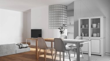 Mimari iç mimar konsepti: Japon ahşap yemek odası ve oturma odası haline gelen el çizimi tamamlanmamış proje. Mutfağın üzerinde cam blok duvar. Asgari biçim