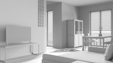 Tamamen beyaz proje taslağı, ahşap asgari yemek ve oturma odası. Kadife kanepe, sandalyeli masa, cam duvar. Dolaplar ve televizyon stantları. Japandi iç tasarımı