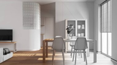 Mimar iç mimar konsepti: elle çizilmiş tamamlanmamış proje gerçek, minimal yemek ve oturma odası haline geliyor. Mutfağın üzerinde cam blok duvar. İskandinav tarzı