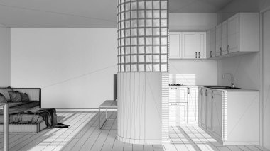 Tamamlanmamış proje taslağı, asgari modern mutfak ve oturma odası. Dolapların ve aletlerin üzerindeki cam blok duvarı. Kanepe ve televizyon standı. Japandi ahşap iç tasarım