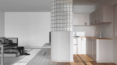 Mimar iç mimar konsepti: elle çizilmiş tamamlanmamış proje gerçek, minimal modern mutfak ve oturma odası haline geliyor. Dolapların üzerindeki cam duvar. Japon stili.