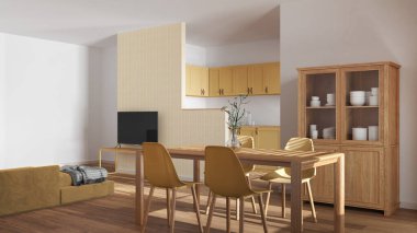 Modern İskandinav yemekleri ve oturma odası beyaz ve sarı tonlarda. Sandalyeli ahşap masa, mutfak duvarlı bölme. Dolaplar ve kanepe. En düşük iç tasarım
