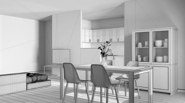 Tamamlanmamış proje taslağı, modern İskandinav yemekleri ve oturma odası. Sandalyeli ahşap masa, mutfak duvarlı bölme. Dolaplar ve kanepe. En düşük iç tasarım