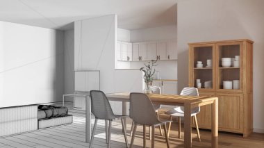 Mimar iç mimar konsepti: elle çizilmiş, tamamlanmamış proje gerçek oluyor, yemek ve oturma odası. Sandalyeli masa, mutfak duvarlı bölme. Asgari biçim