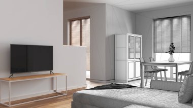 Mimar iç mimar konsepti: elle çizilmiş tamamlanmamış proje gerçek, en az oturma ve yemek odası haline geliyor. Koltuk, masa ve bölme duvarı. İskandinav tarzı