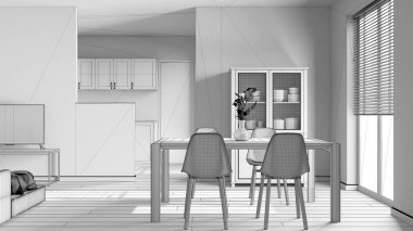 Planlar tamamlanmamış proje taslağı, minimum yemek ve oturma odası. Sandalyeli ahşap masa, Japonya mutfağının üzerindeki bölme duvarı. İskandinav modern iç tasarımı