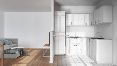 Mimar iç mimar konsepti: elle çizilmiş tamamlanmamış proje gerçek, modern İskandinav mutfağı ve oturma odası haline geliyor. Bölme duvarı. Asgari biçim