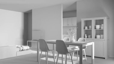 Tamamen beyaz proje taslağı, İskandinav ahşap yemek odası ve oturma odası. Sandalyeli masa, mutfak duvarlı bölme. Dolaplar ve dekorlar. En düşük iç tasarım