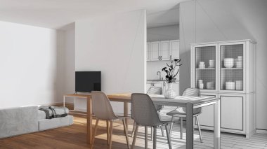 Mimar iç mimar konsepti: elle çizilmiş tamamlanmamış proje gerçek, İskandinav ahşap yemek odası ve oturma odası haline geliyor. Mutfağın üzerindeki bölme duvarı. Asgari biçim