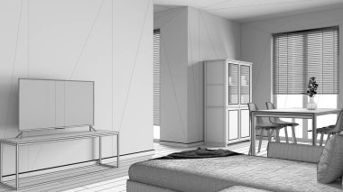 Tamamlanmamış proje taslağı, Japonya 'da oturma ve yemek odası. Kadife kanepe, beyazlatılmış ahşap masa, sandalyeler, dolaplar ve bölme duvarı. En düşük iç tasarım