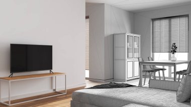 Mimar iç mimar konsepti: elle çizilmiş tamamlanmamış bir proje, Japon oturma ve yemek odası haline geliyor. Kadife kanepe, masa ve bölme duvarı. Asgari biçim