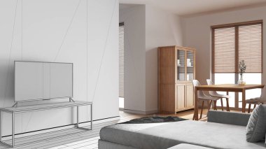 Mimar iç mimar konsepti: elle çizilmiş tamamlanmamış bir proje, Japon oturma ve yemek odası haline geliyor. Kadife kanepe, masa ve bölme duvarı. Asgari biçim