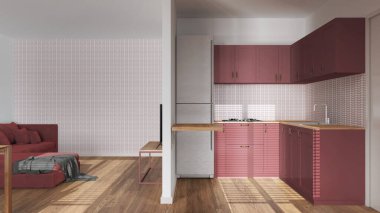 Modern ahşap asgari mutfak ve oturma odası beyaz ve kırmızı tonlarda. Dolapların ve aletlerin üzerindeki bölme duvarı. Salon ve parke zemin. Japandi iç tasarımı