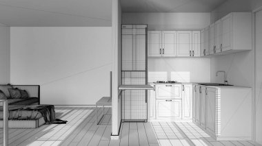 Tamamlanmamış proje taslağı, modern ahşap mutfak ve oturma odası. Dolapların ve aletlerin üzerindeki bölme duvarı. Salon ve parke zemin. Japandi iç tasarımı