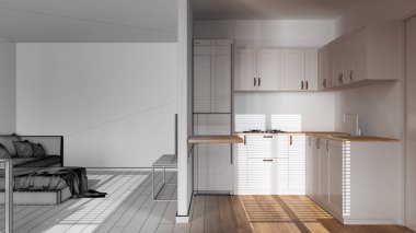 Mimari iç mimar konsepti: gerçek, modern ahşap asgari mutfak ve oturma odası haline gelen el çizimi tamamlanmamış proje. Dolapların üzerindeki bölme duvarı