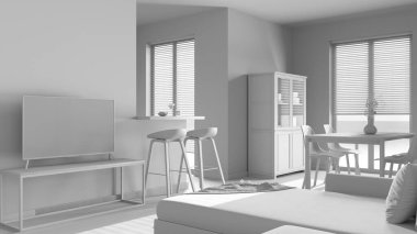 Tamamen beyaz proje taslağı, asgari ahşap oturma ve yemek odası. Koltuk, sandalyeli japandi masası, dolaplar ve duvar, tabureli ada. İskandinav iç tasarımı