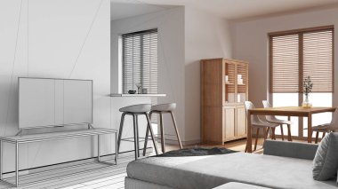 Mimar iç mimar konsepti: elle çizilmiş tamamlanmamış proje gerçek, en az ahşap oturma ve yemek odası haline geliyor. Koltuk, masa ve bölme duvarı, tabureli ada.