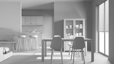 Tamamen beyaz proje taslağı, minimum ahşap yemek ve oturma odası. Sandalyeli İskandinav masası, adalı bölme duvarı ve Japon mutfağının üzerindeki tabureler. Modern iç tasarım