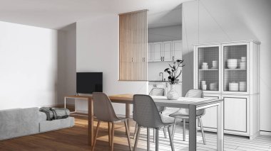 Mimari iç mimar konsepti: elle çizilmiş tamamlanmamış proje gerçek oluyor, japandi ağarmış ahşap yemek odası ve oturma odası. Mutfağın üzerindeki bölme duvarı