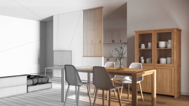 Mimari iç mimar konsepti: elle çizilmiş tamamlanmamış proje gerçek oluyor, japandi ağarmış ahşap yemek odası ve oturma odası. Mutfağın üzerindeki bölme duvarı