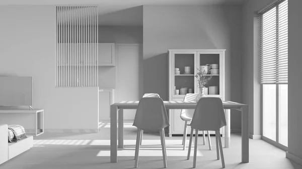 Σύνολο Λευκό Σχέδιο Σχέδιο Σκανδιναβική Ξύλινη Τραπεζαρία Και Σαλόνι Τραπέζι — Φωτογραφία Αρχείου