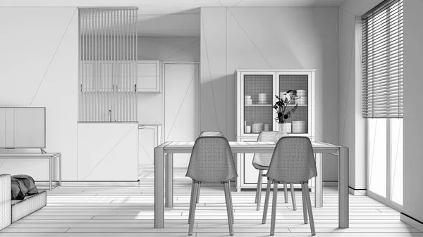 蓝图未完成的项目草稿 丑闻林立的木制餐厅和客厅 有椅子的桌子 现代厨房的隔墙 最低室内设计 — 图库照片