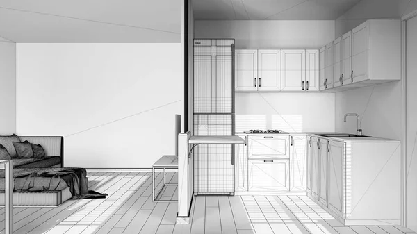 蓝图未完成的项目草稿 现代丑闻中的厨房和客厅 分隔墙 橱柜和架子 地板和装饰品 最小木制室内设计 — 图库照片