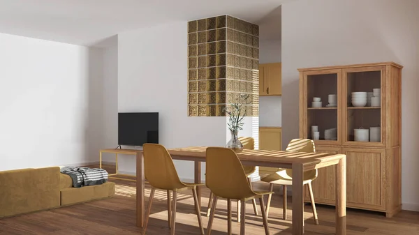 Modernes Skandinavisches Ess Und Wohnzimmer Weißen Und Gelben Tönen Holztisch — Stockfoto