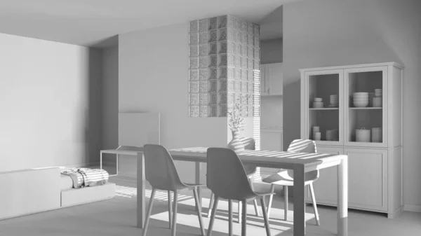 프로젝트 현대의 추문을 일으키는 요리와 의자가 나무로 테이블 캐비닛 — 스톡 사진