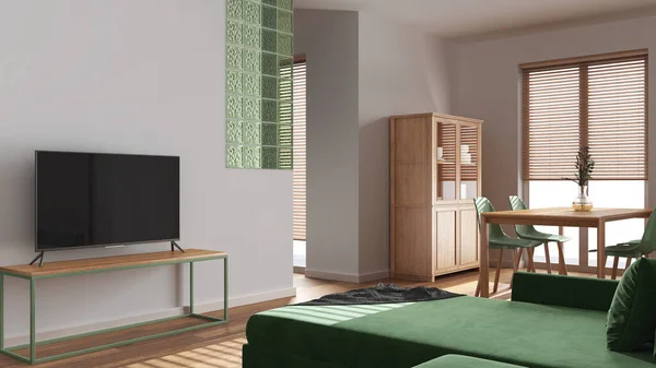Wooden Scandinavian Dining Living Room White Green Tones Velvet Sofa — Stock Photo, Image