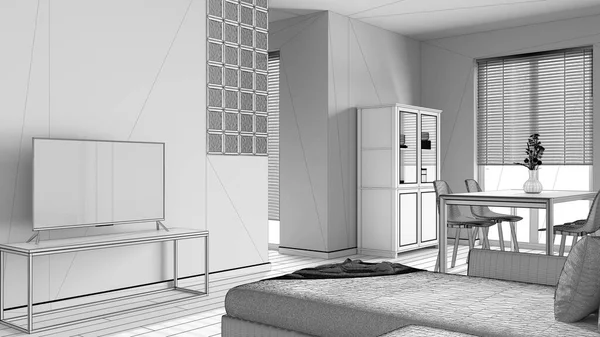 Blueprint Unfinished Project Draft Wooden Scandinavian Dining Living Room Velvet — Stock Photo, Image