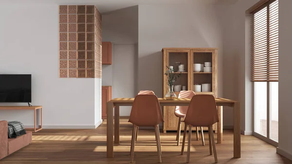 Skandinavisches Ess Und Wohnzimmer Weißen Und Orangen Tönen Holztisch Mit — Stockfoto