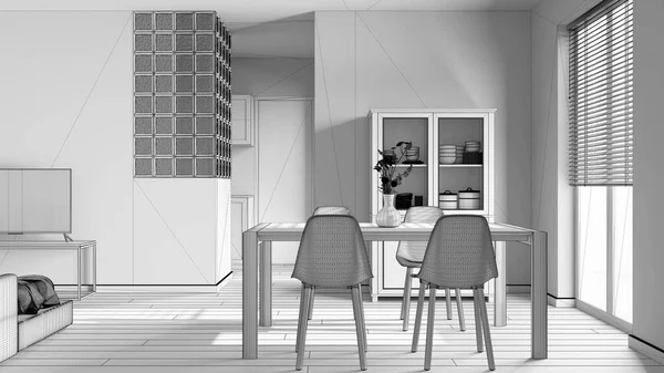 蓝图未完成的项目草稿 丑闻中的餐厅和客厅 木制桌子 玻璃墙 橱柜和沙发日本室内设计 — 图库照片