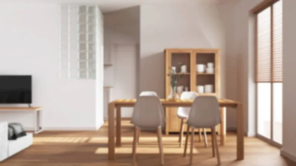 Rozmazané Pozadí Skandinávská Jídelna Obývací Pokoj Dřevěný Stůl Židlemi Skleněná — Stock fotografie