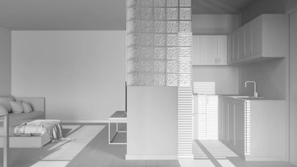 総白のプロジェクトの草案は 現代のスカンジナビアのキッチンやリビングルーム ベルベットのソファ ガラスブロックの壁 キャビネットや家電製品 ミニマルな木造インテリアデザイン — ストック写真