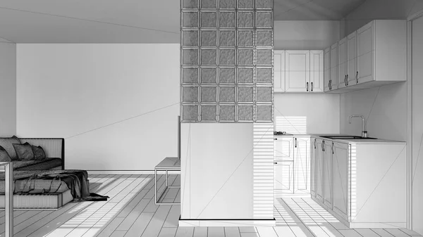 Схема Незавершенного Проекта Современная Скандинавская Кухня Гостиная Бархатный Диван Стена — стоковое фото