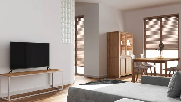 Wooden Minimal Dining Living Room White Tones Velvet Sofa Table — Stock Photo, Image