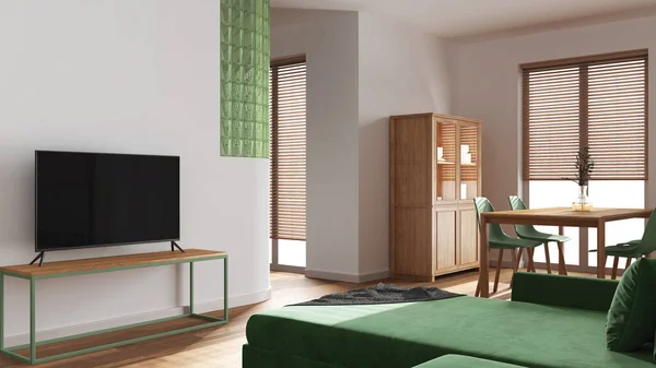 緑と白の色調で木製の最小限のダイニングとリビングルーム ベルベットのソファ 椅子付きのテーブル ガラスブロック壁 キャビネットとテレビスタンド 日本インテリアデザイン — ストック写真
