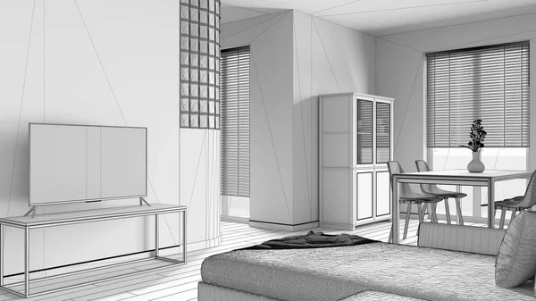 Blaupause Unvollendeter Projektentwurf Minimalistisches Ess Und Wohnzimmer Aus Holz Samtsofa — Stockfoto