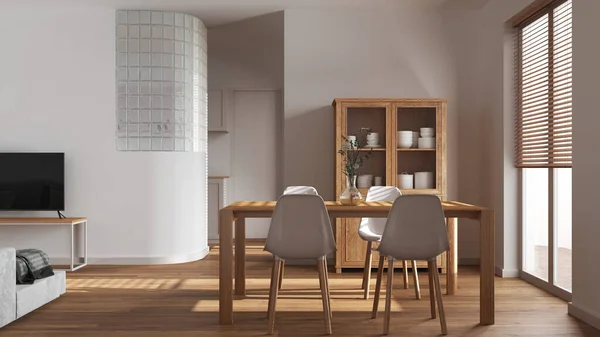 Beyaz Tonlarda Yemek Oturma Odası Sandalyeli Ahşap Masa Mutfağın Üzerinde — Stok fotoğraf