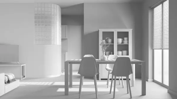 整个白色项目草案 最小的餐厅和客厅 木制桌子 厨房上方的玻璃墙 橱柜和沙发斯堪的纳维亚现代室内设计 — 图库照片