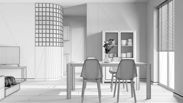 蓝图未完成的项目草稿 最小的餐厅和客厅 木制桌子 厨房上方的玻璃墙 橱柜和沙发斯堪的纳维亚现代室内设计 — 图库照片