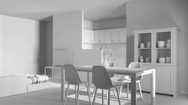 프로젝트 현대의 추문을 일으키는 요리와 의자가 탁자와 부엌의 나누라 캐비닛 — 스톡 사진