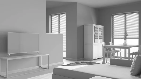 Całkowity Biały Projekt Projektu Minimalny Salon Jadalnia Aksamitna Sofa Drewniany — Zdjęcie stockowe