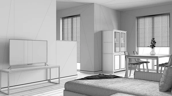 Návrh Nedokončeného Projektu Minimální Obývací Pokoj Jídelna Sametová Pohovka Dřevěný — Stock fotografie