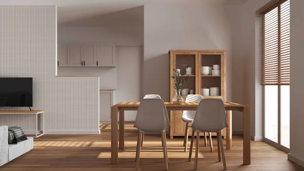 最小的餐厅和客厅 白色色调 有椅子的木制桌子 日本厨房上方有墙纸的隔墙 斯堪的纳维亚现代室内设计 — 图库照片