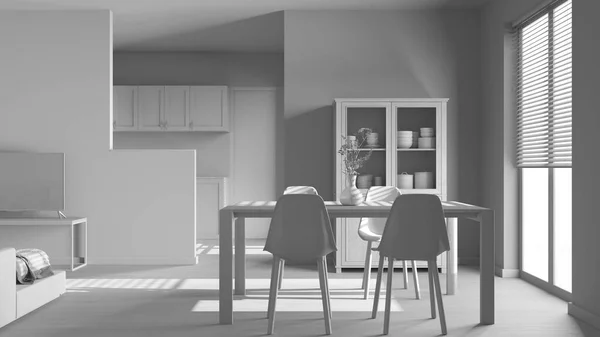 整个白色项目草案 最小的餐厅和客厅 有椅子的木制桌子 日本厨房上方的隔墙 斯堪的纳维亚现代室内设计 — 图库照片