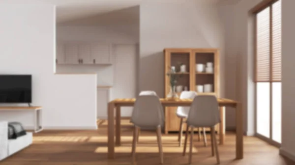 Verschwommener Hintergrund Minimales Ess Und Wohnzimmer Holztisch Mit Stühlen Trennwand — Stockfoto